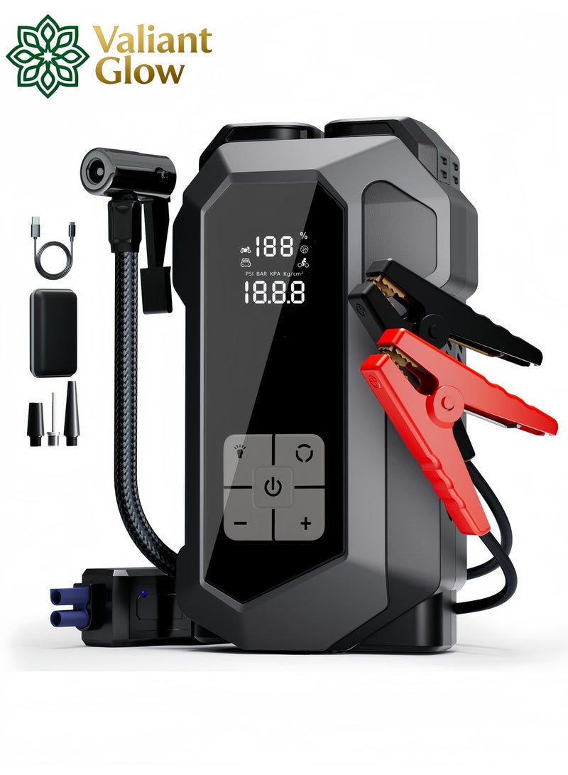 Valiant Glow Emergency Jump Starter Tire Inflator (6000A) | 8000mAh High-Capacity Battery | Dual USB Outputs | Supports 10L Gasoline/8L Diesel Vehicles | 150PSI Fast Inflator | 10-Fold Safety Protection System | LED 3-in-1 Emergency Lighting - Image 1